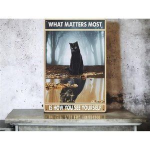 Retro Tin Sign |  Black Cat Metal Poster | Bedroom Art Wall Tin Sign 8x12 Inches